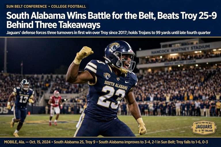 Illustration for the news story: South Alabama Wins Battle for the Belt, Beats Troy 25-9 Behind Three Takeaways