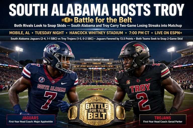 Illustration for the news story: South Alabama Hosts Troy in Battle for the Belt as Both Rivals Look to Snap Skids