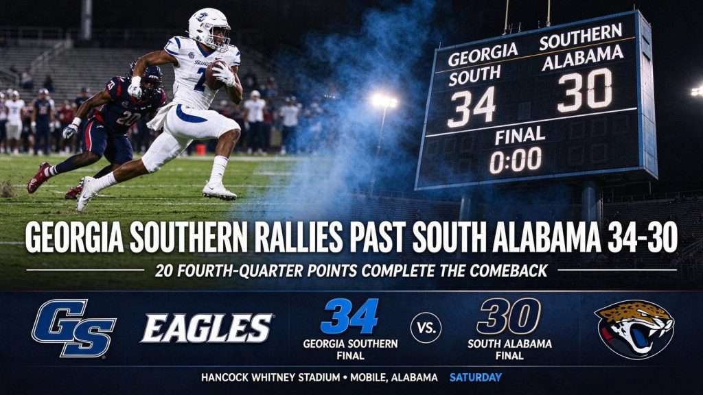 Illustration for the news story: Georgia Southern Scores 20 Fourth-Quarter Points to Rally Past South Alabama 34-30