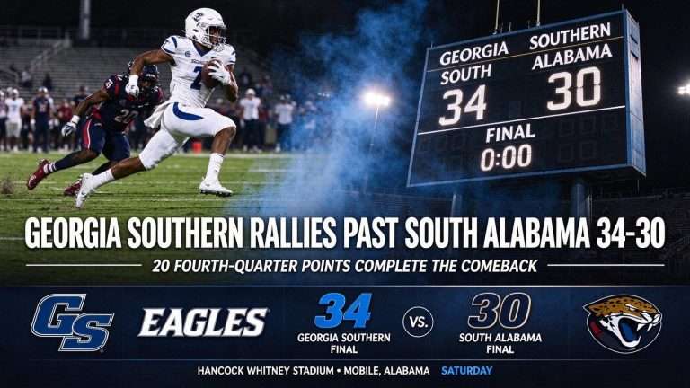 Illustration for the news story: Georgia Southern Scores 20 Fourth-Quarter Points to Rally Past South Alabama 34-30