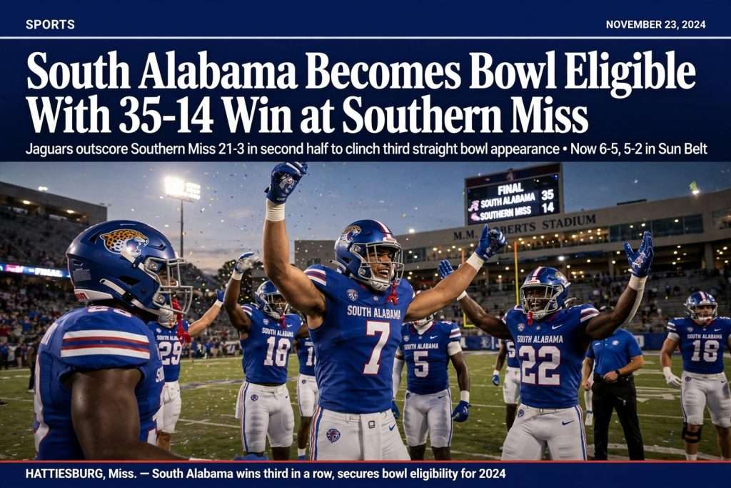 Illustration for the news story: South Alabama Becomes Bowl Eligible With 35-14 Win at Southern Miss