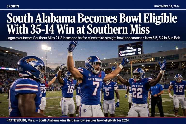 Illustration for the news story: South Alabama Becomes Bowl Eligible With 35-14 Win at Southern Miss