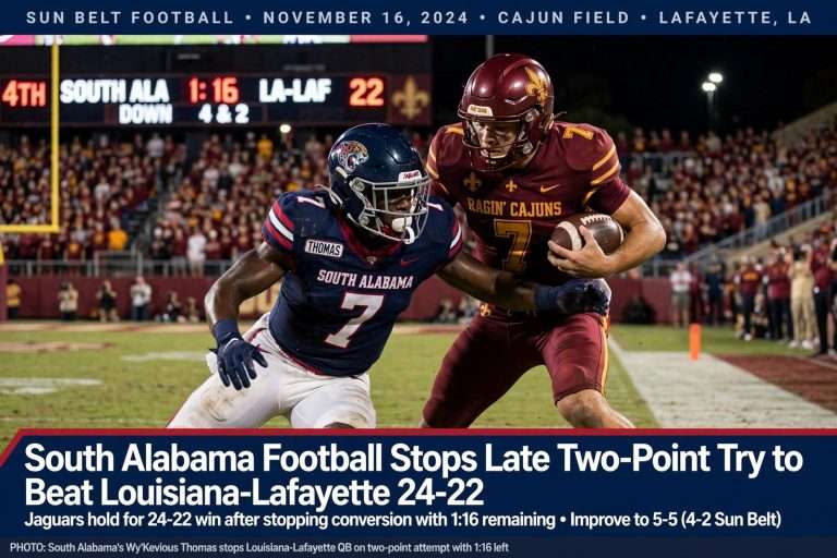 Illustration for the news story: South Alabama Football Stops Late Two-Point Try to Beat Louisiana-Lafayette 24-22