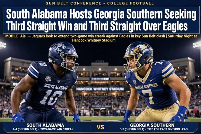 Illustration for the news story: South Alabama Hosts Georgia Southern Seeking Third Straight Win and Third Straight Over Eagles