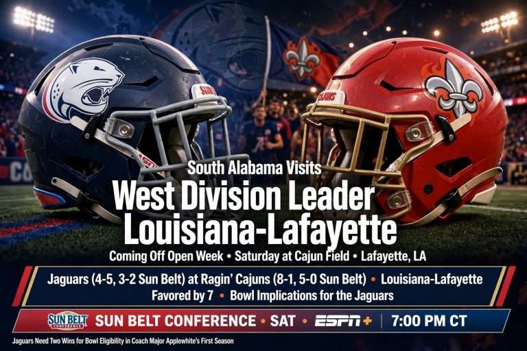 Illustration for the news story: South Alabama Visits West Division Leader Louisiana-Lafayette Coming Off Open Week