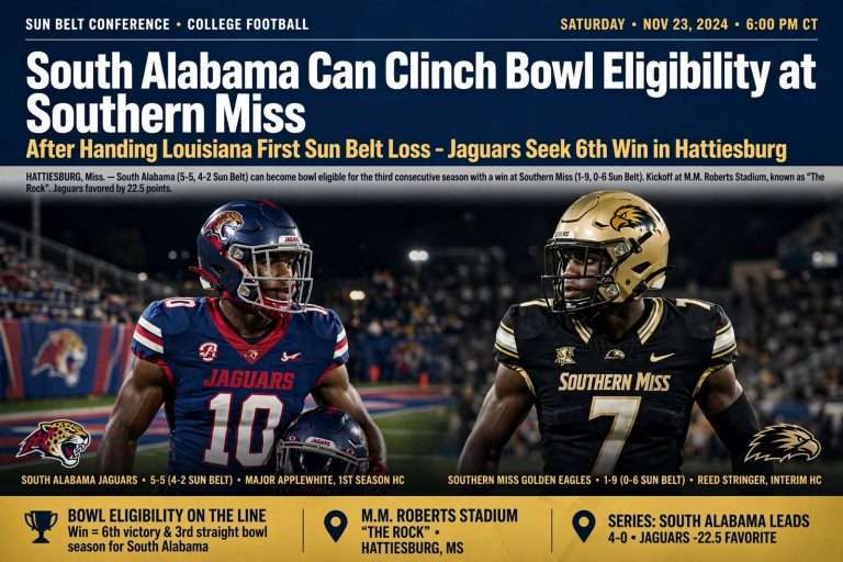 Illustration for the news story: South Alabama Can Clinch Bowl Eligibility at Southern Miss After Handing Louisiana First Sun Belt Loss
