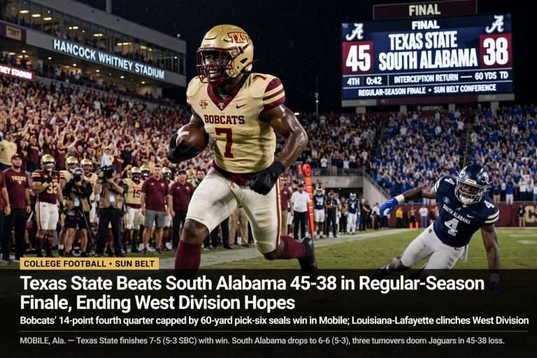 Illustration for the news story: Texas State Beats South Alabama 45-38 in Regular-Season Finale, Ending West Division Hopes