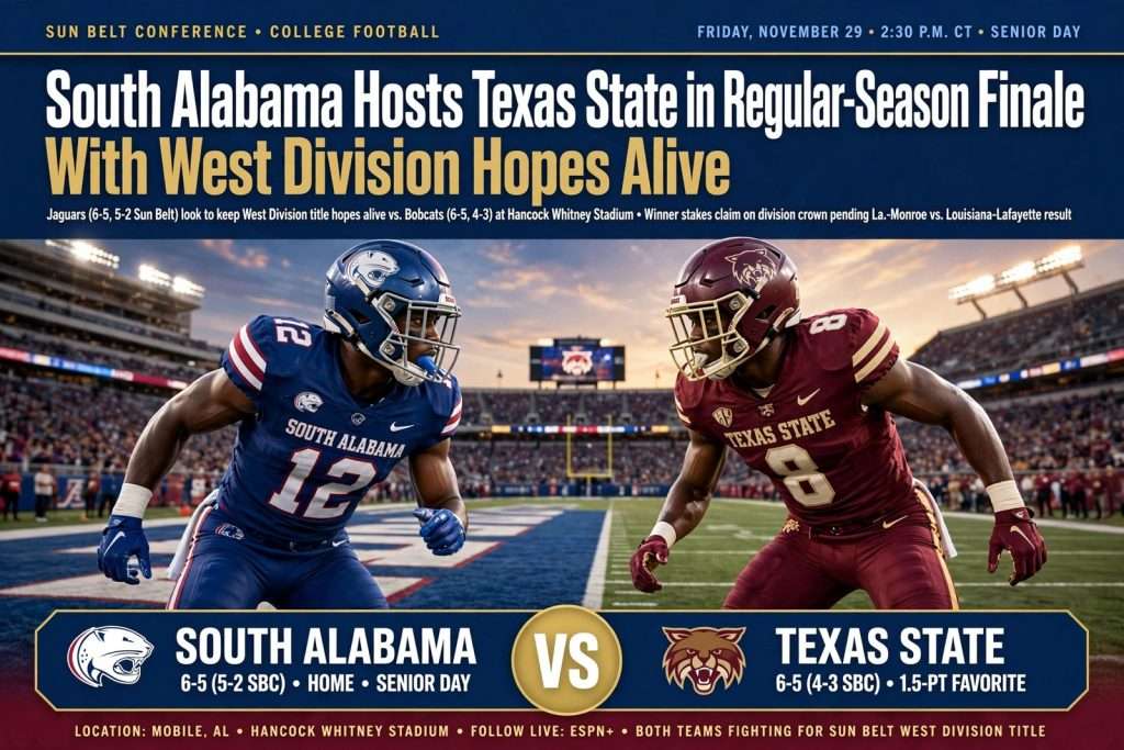 Illustration for the news story: South Alabama Hosts Texas State in Regular-Season Finale With West Division Hopes Alive