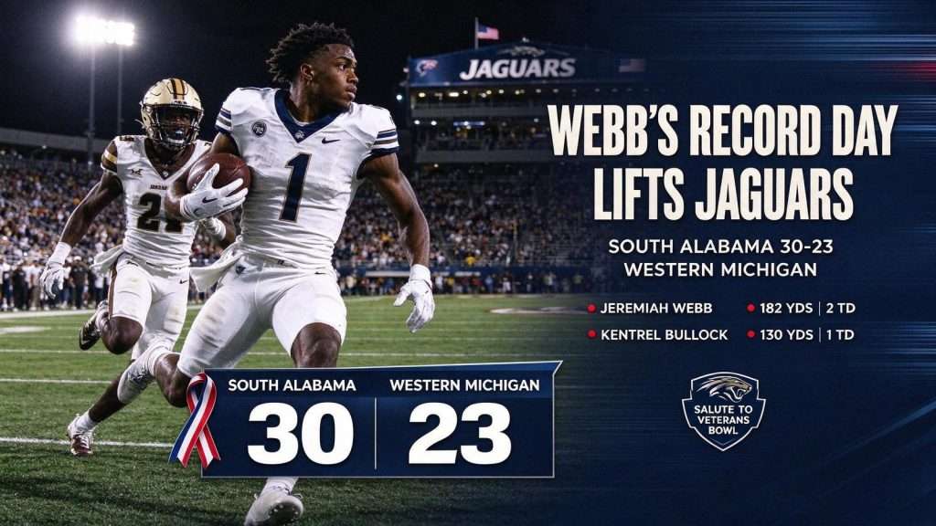 Illustration for the news story: Jeremiah Webb’s Record Day Lifts South Alabama Past Western Michigan 30-23 in Salute to Veterans Bowl