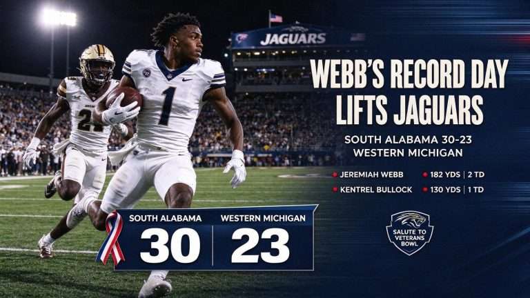 Illustration for the news story: Jeremiah Webb’s Record Day Lifts South Alabama Past Western Michigan 30-23 in Salute to Veterans Bowl