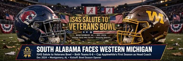 Illustration for the news story: South Alabama Faces Western Michigan in IS4S Salute to Veterans Bowl to Cap Applewhite’s First Season