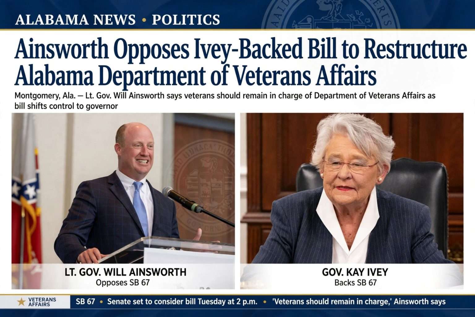 Illustration for the news story: Ainsworth Opposes Ivey-Backed Bill to Restructure Alabama Department of Veterans Affairs
