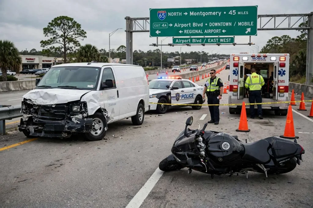 Illustration for the news story: Motorcyclist Thrown From Bike After Colliding With Van on I-65 Off-Ramp in Mobile