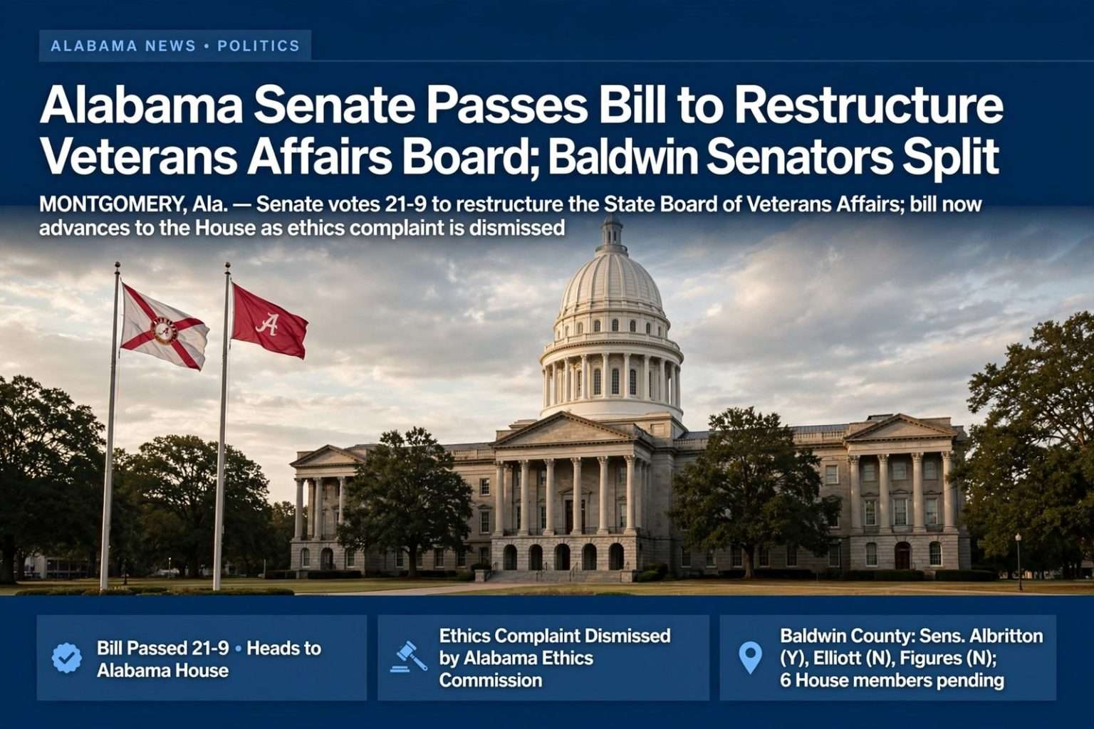 Illustration for the news story: Alabama Senate Passes Bill to Restructure Veterans Affairs Board; Baldwin Senators Split