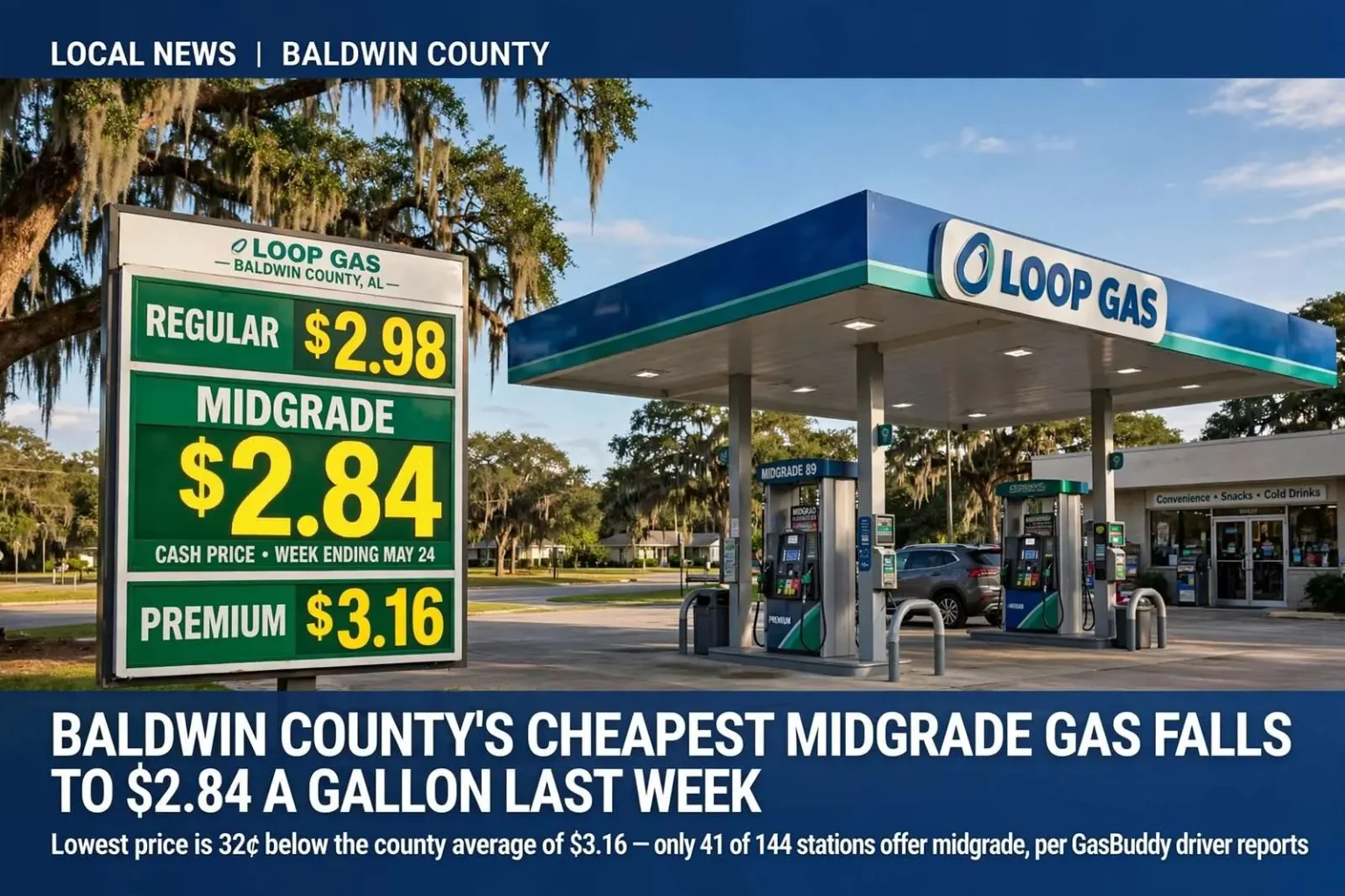 Illustration for the news story: Baldwin County’s Cheapest Midgrade Gas Fell to $2.84 a Gallon Last Week