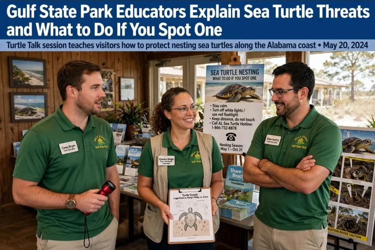 Illustration for the news story: Gulf State Park Educators Explain Sea Turtle Threats and What to Do If You Spot One