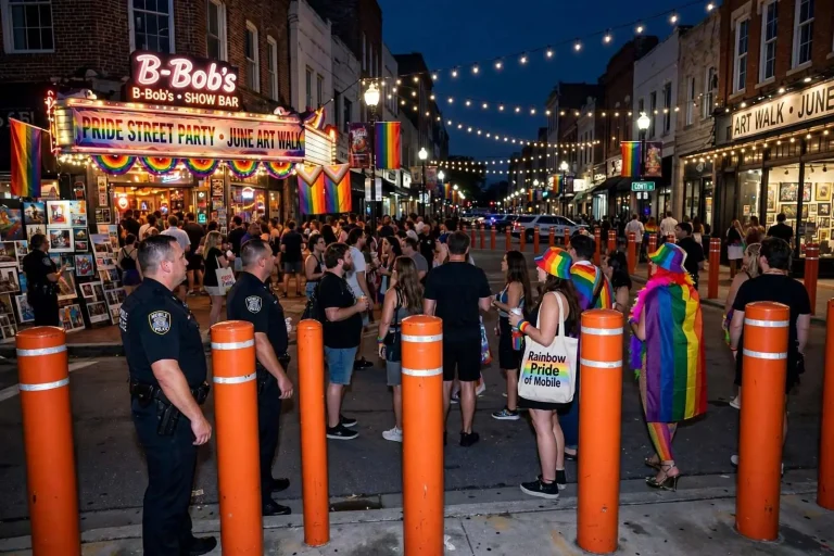 Illustration for the news story: Extra Security and Orange Bollards Frame Mobile’s Pride-Themed June Art Walk