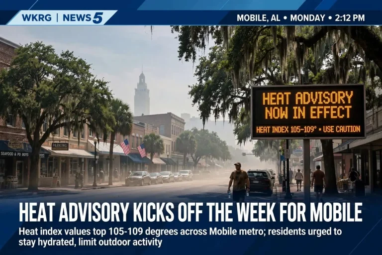 Illustration for the news story: Heat Advisory Kicks Off the Week for Mobile as Index Values Top 105 Degrees