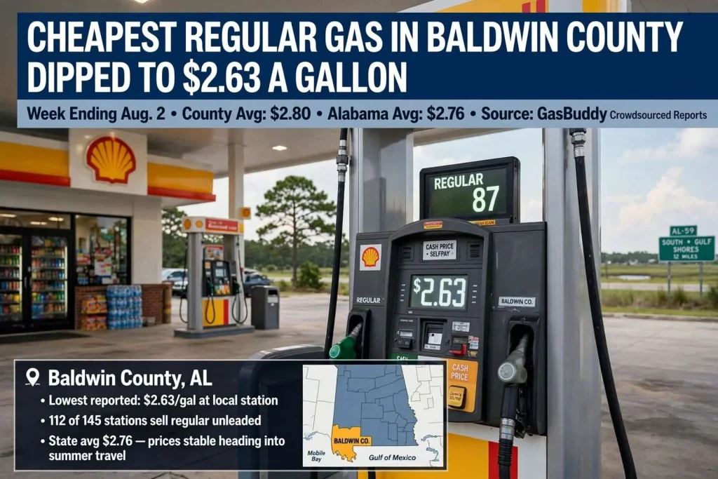 Illustration for the news story: Cheapest Regular Gas in Baldwin County Dipped to $2.63 a Gallon