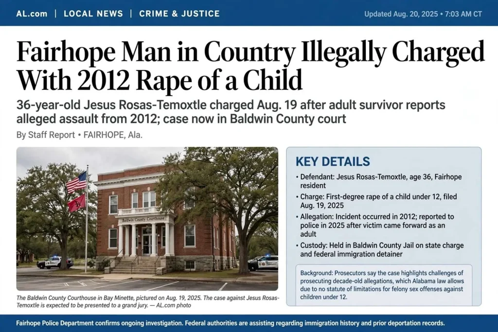 Illustration for the news story: Fairhope Man in Country Illegally Charged With 2012 Rape of a Child