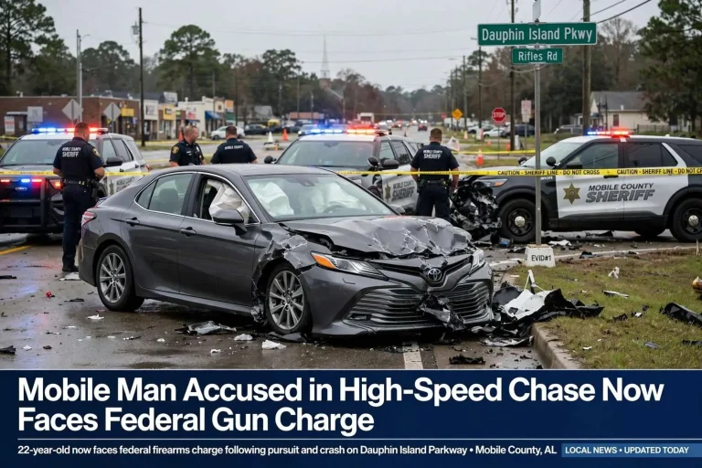 Illustration for the news story: Mobile Man Accused in High-Speed Chase Now Faces Federal Gun Charge