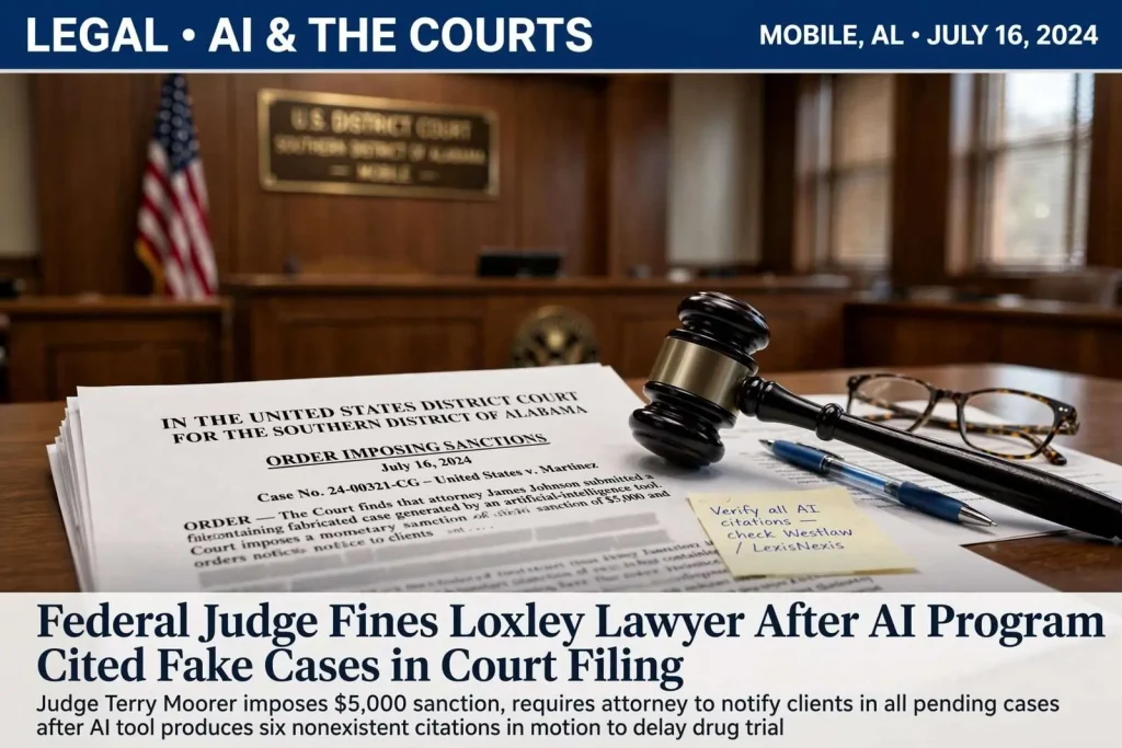 Illustration for the news story: Federal Judge Fines Loxley Lawyer After AI Program Cited Fake Cases in Court Filing
