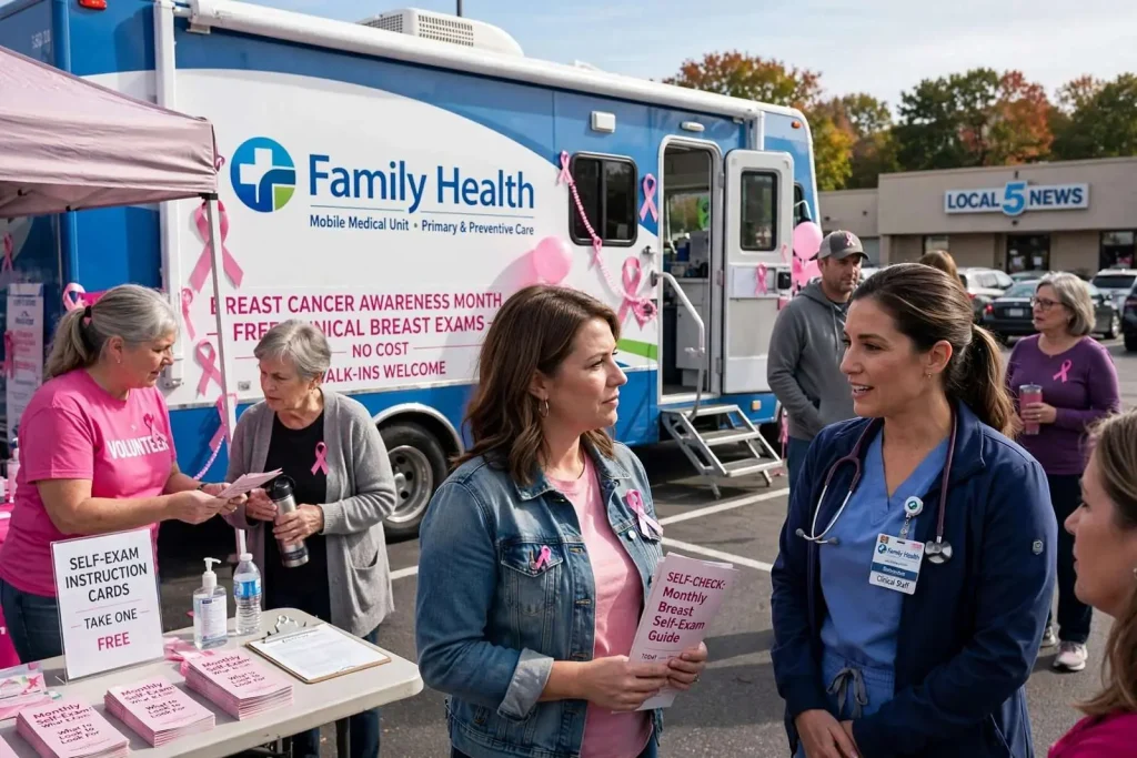 Illustration for the news story: Free Clinical Breast Exams Draw Dozens to Mobile Screening Event for Breast Cancer Awareness Month