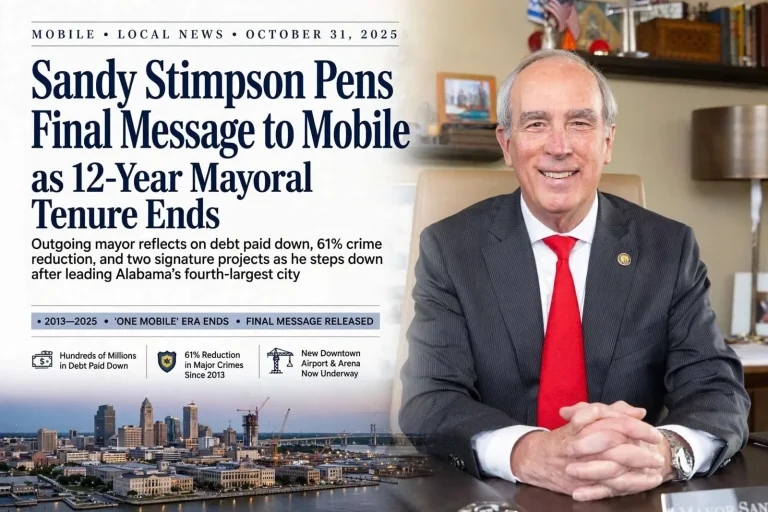 Illustration for the news story: Sandy Stimpson Pens Final Message to Mobile as 12-Year Mayoral Tenure Ends