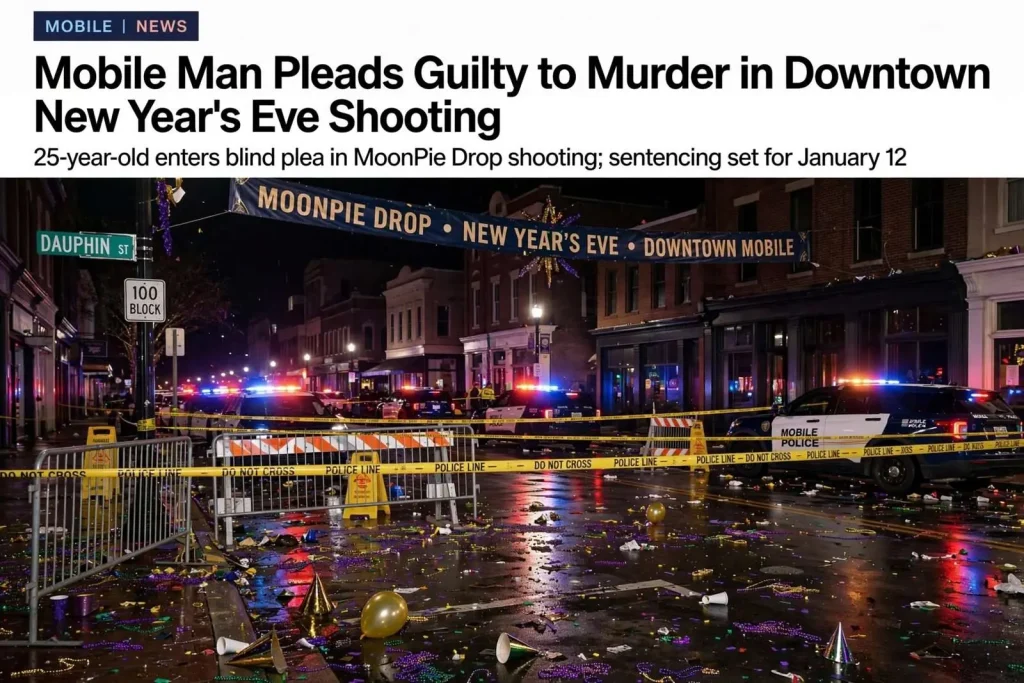 Illustration for the news story: Mobile Man Pleads Guilty to Murder in Downtown New Year’s Eve Shooting