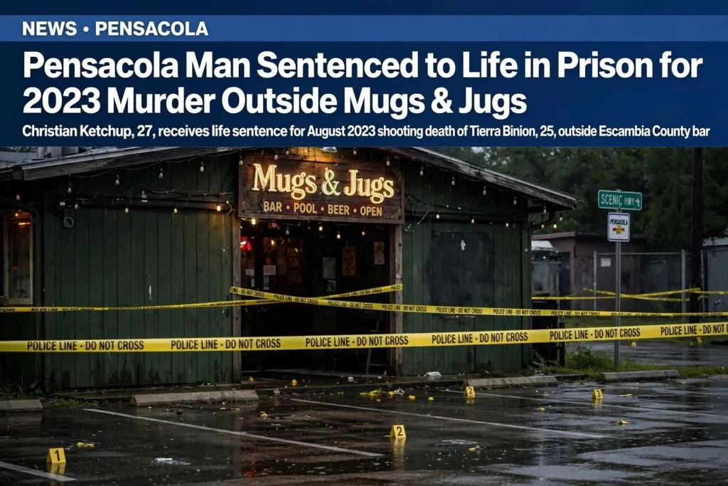 Illustration for the news story: Pensacola Man Sentenced to Life in Prison for 2023 Murder Outside Mugs & Jugs