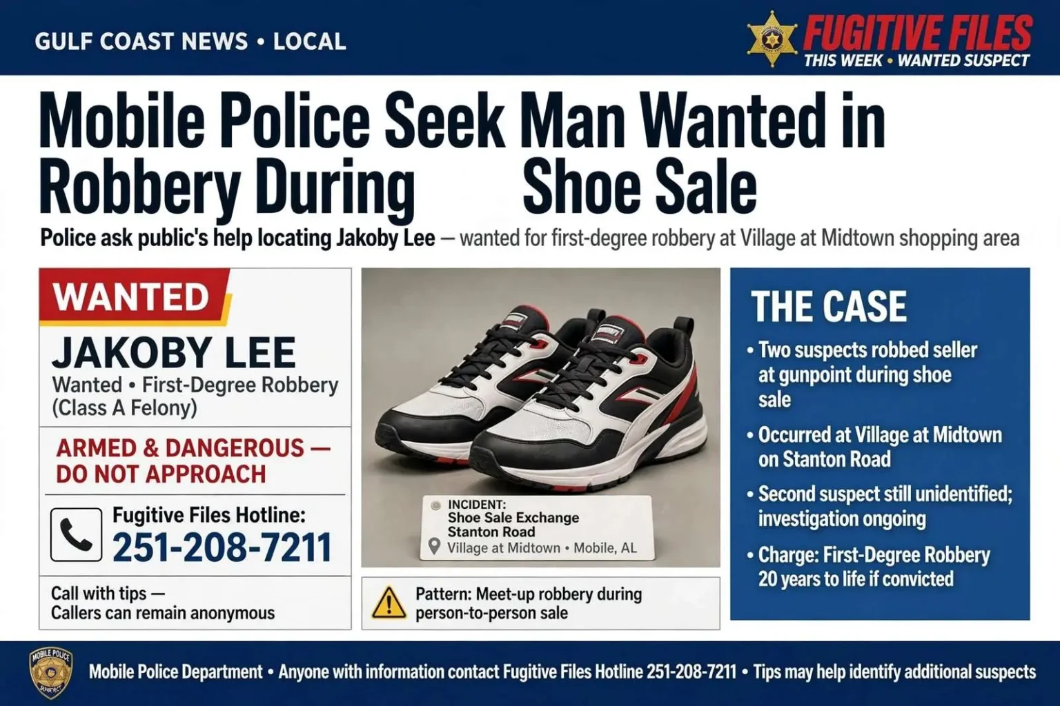 Illustration for the news story: Mobile Police Seek Man Wanted in Armed Robbery During Shoe Sale