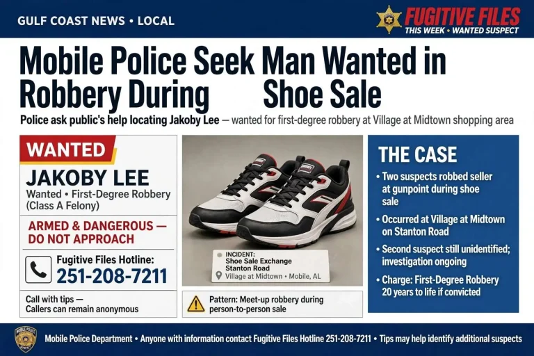 Illustration for the news story: Mobile Police Seek Man Wanted in Armed Robbery During Shoe Sale
