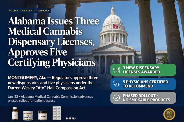 Illustration for the news story: Alabama Issues Three Medical Cannabis Dispensary Licenses, Approves Five Certifying Physicians