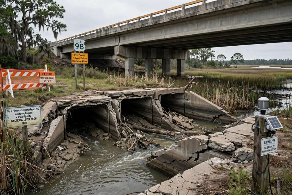 Illustration for the news story: Fairhope Seeks $20 Million Federal BUILD Grant to Replace Failed Fly Creek Culverts With Bridge