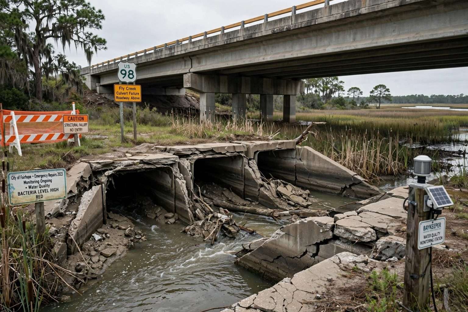Illustration for the news story: Fairhope Seeks $20 Million Federal BUILD Grant to Replace Failed Fly Creek Culverts With Bridge