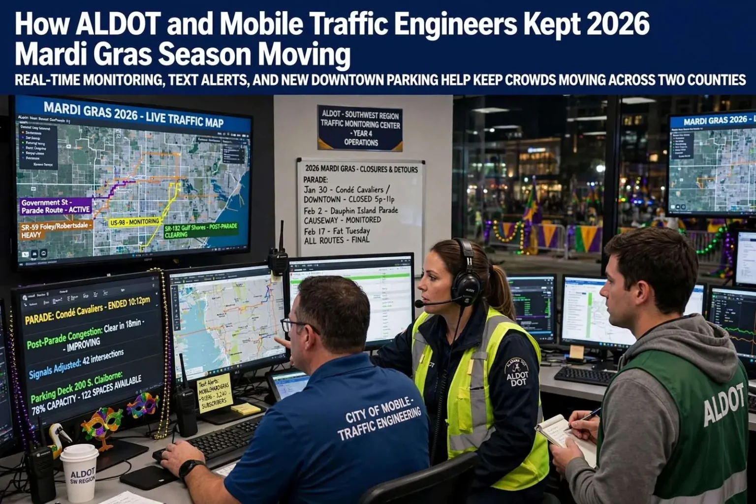 Illustration for the news story: How ALDOT and Mobile Traffic Engineers Kept 2026 Mardi Gras Season Moving