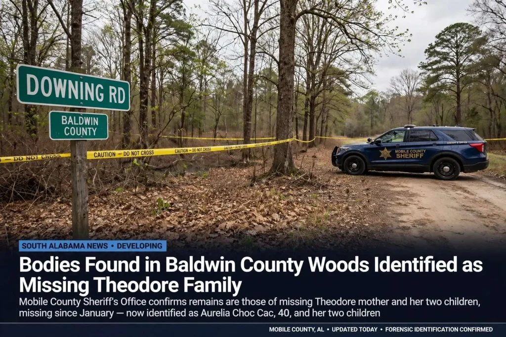 Illustration for the news story: Bodies Found in Baldwin County Woods Identified as Missing Theodore Family