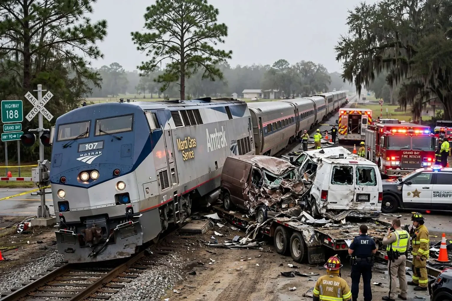 Illustration for the news story: Amtrak Mardi Gras Train Hits Stuck Trailer at Grand Bay Crossing, Locomotive Partially Derails