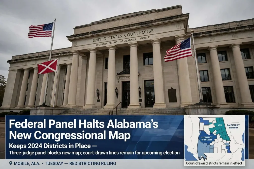 Illustration for the news story: Federal Panel Halts Alabama’s New Congressional Map, Keeps 2024 Districts in Place