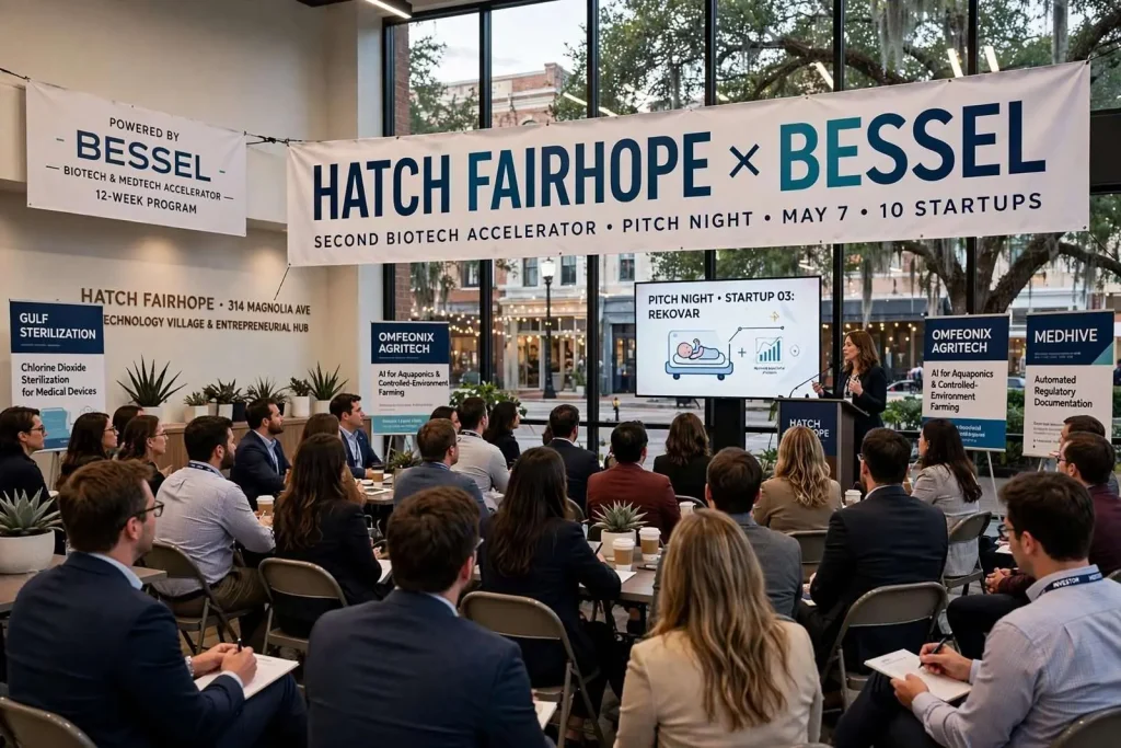 Illustration for the news story: Hatch Fairhope and Bessel Wrap Second Biotech Accelerator With Pitch Night Featuring 10 Startups