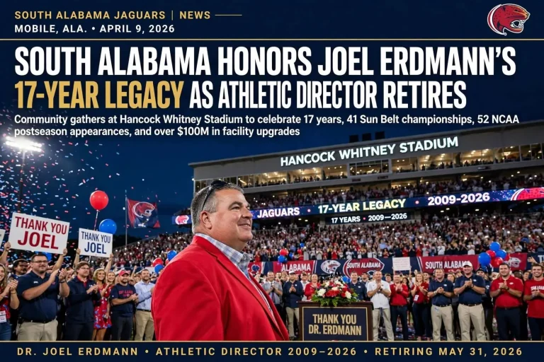 Illustration for the news story: South Alabama Honors Joel Erdmann’s 17-Year Legacy as Athletic Director Retires