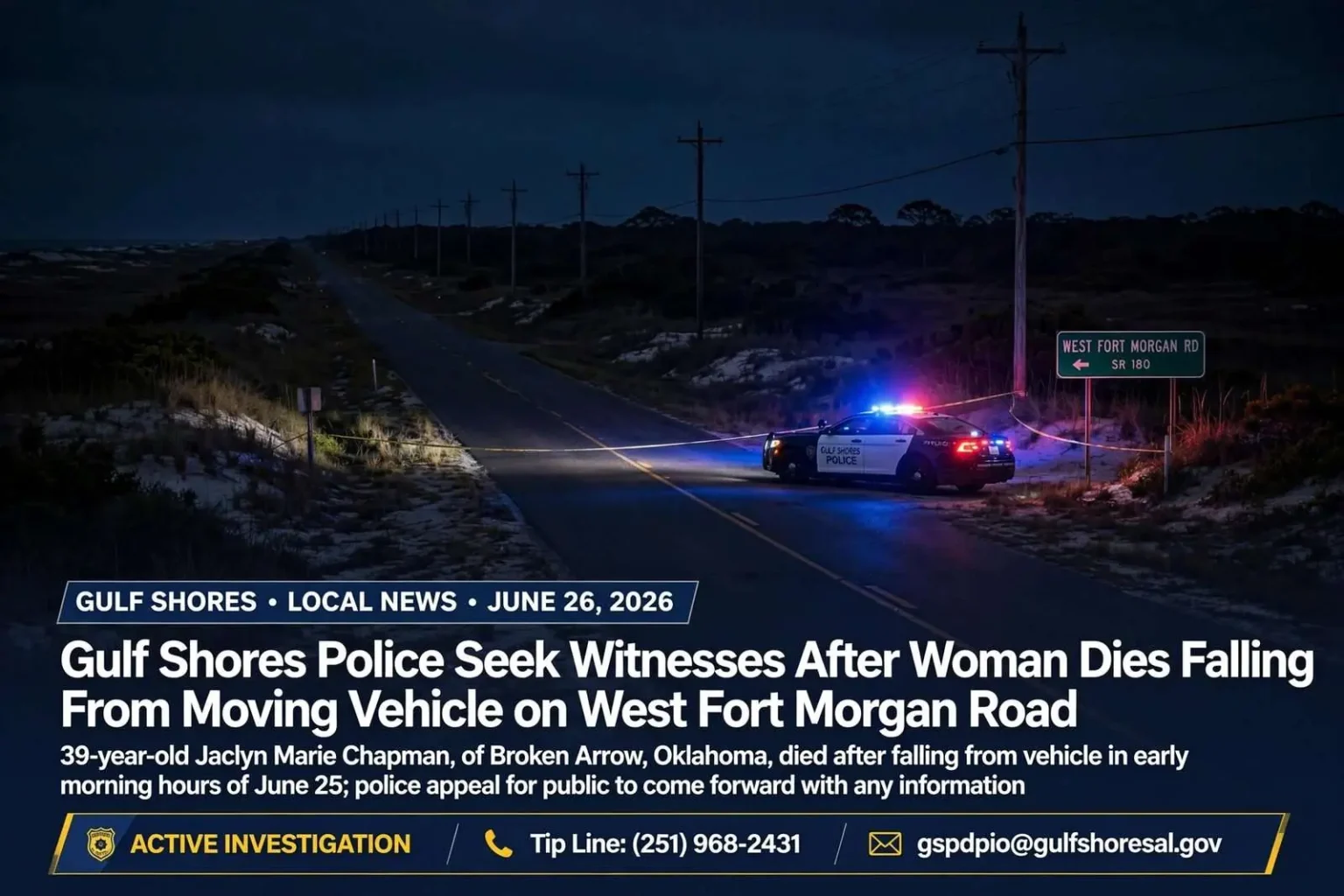 Illustration for the news story: Gulf Shores Police Seek Witnesses After Woman Dies Falling From Moving Vehicle on West Fort Morgan Road