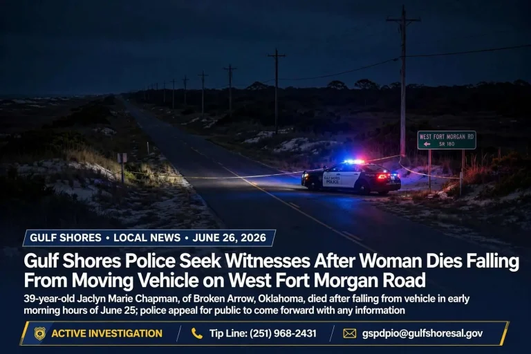 Illustration for the news story: Gulf Shores Police Seek Witnesses After Woman Dies Falling From Moving Vehicle on West Fort Morgan Road