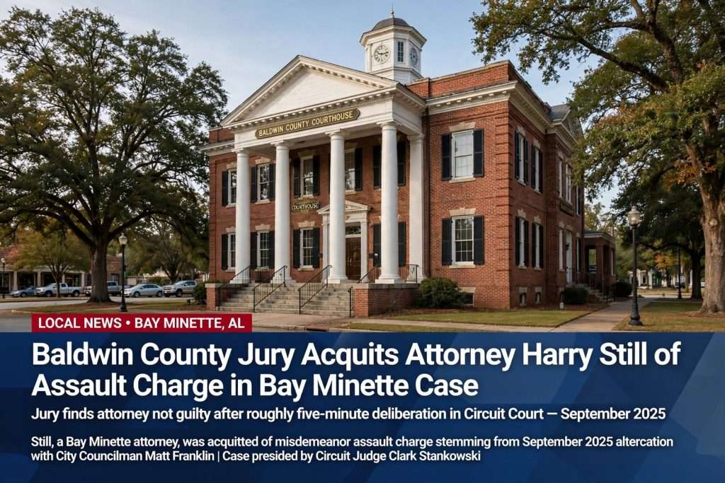 Illustration for the news story: Baldwin County Jury Acquits Attorney Harry Still of Assault Charge in Bay Minette Case