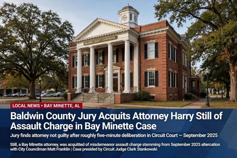 Illustration for the news story: Baldwin County Jury Acquits Attorney Harry Still of Assault Charge in Bay Minette Case