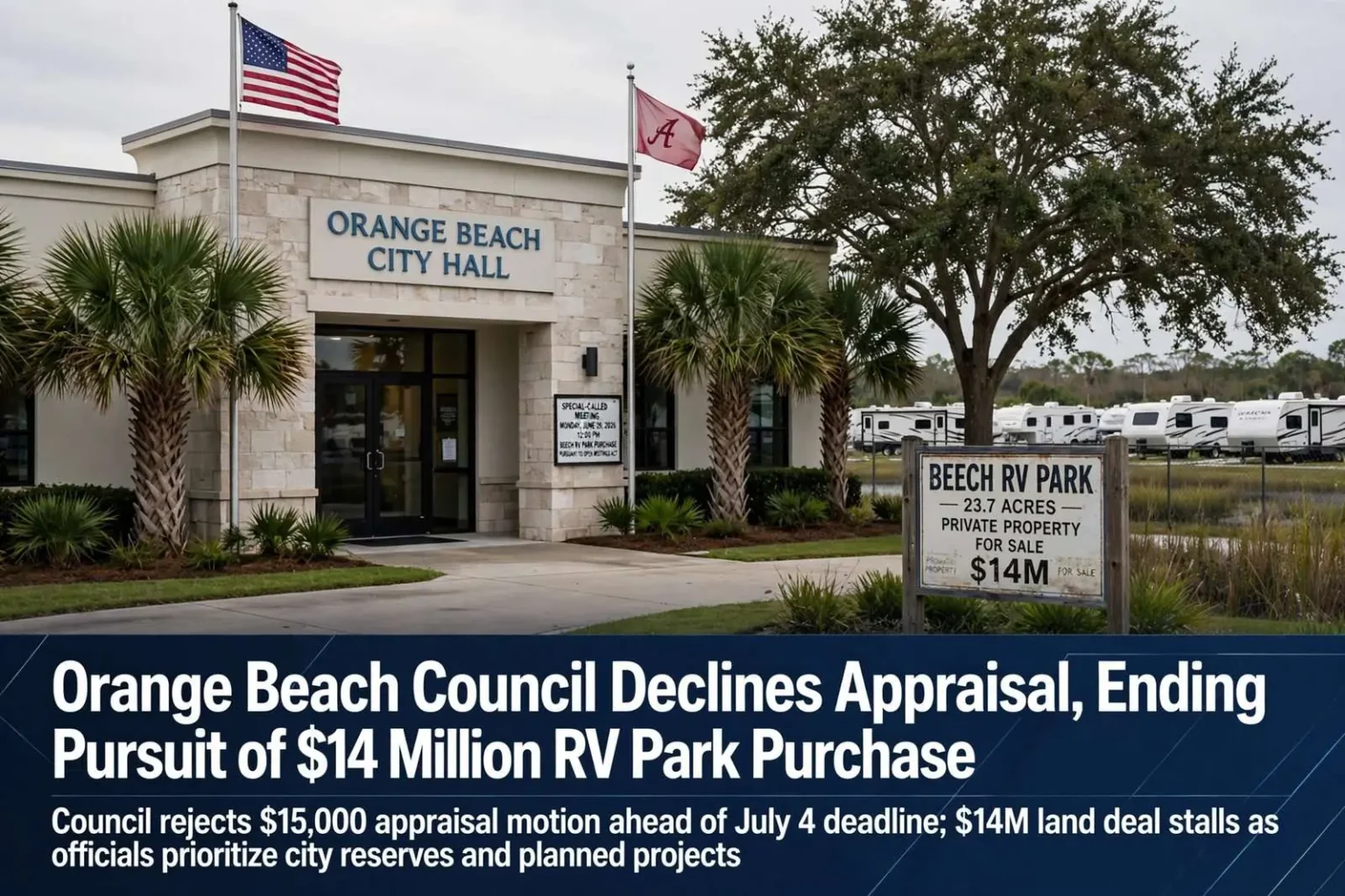 Illustration for the news story: Orange Beach Council Declines Appraisal, Ending Pursuit of $14 Million RV Park Purchase