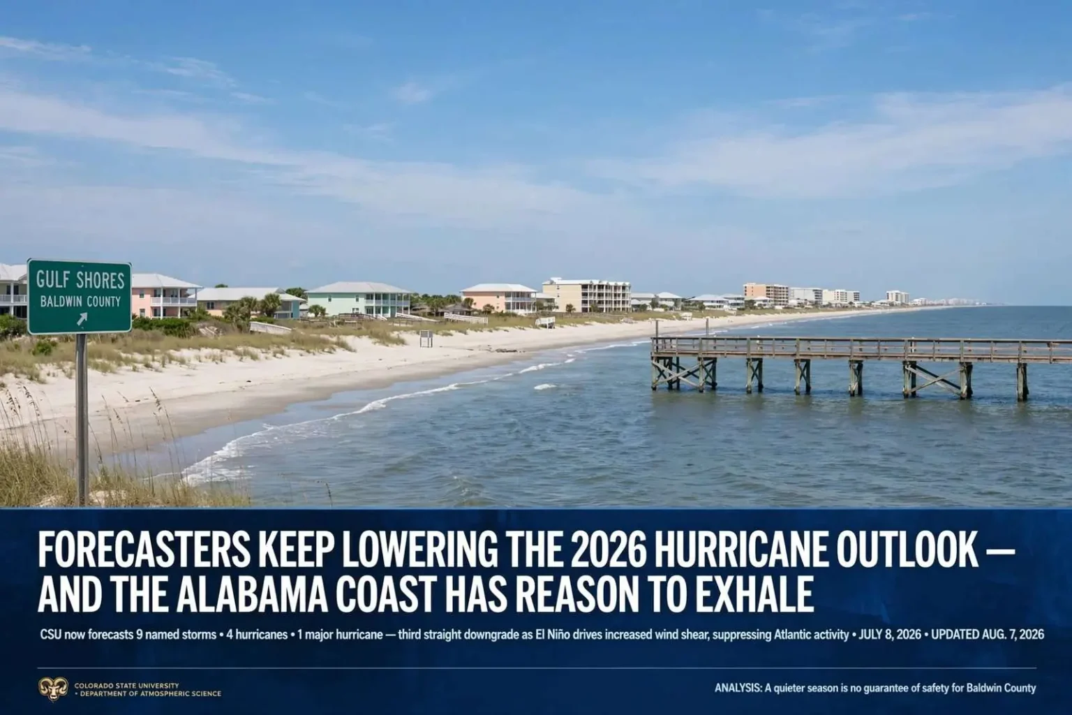 Illustration for the news story: Forecasters Keep Lowering the 2026 Hurricane Outlook — and the Alabama Coast Has Reason to Exhale