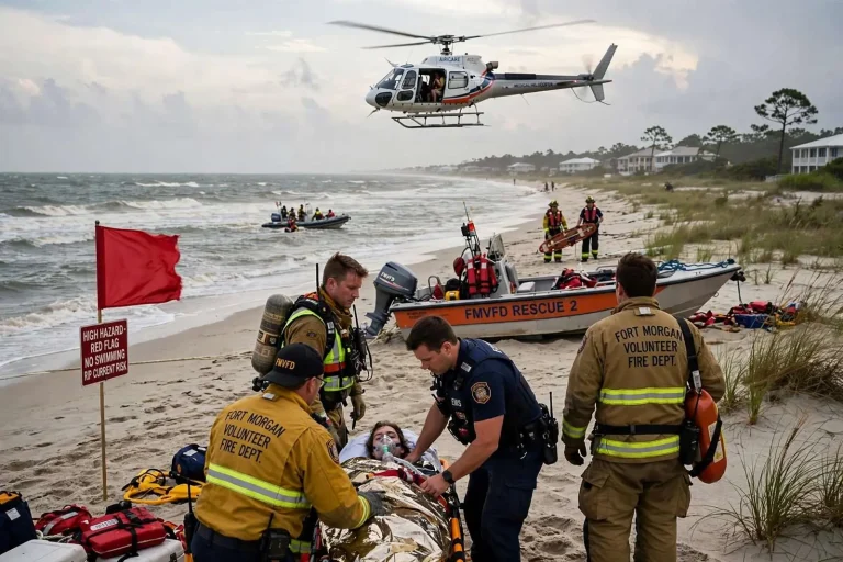 Illustration for the news story: 22 Swimmers Rescued From Rip Currents at Fort Morgan, Two Airlifted in Critical Condition