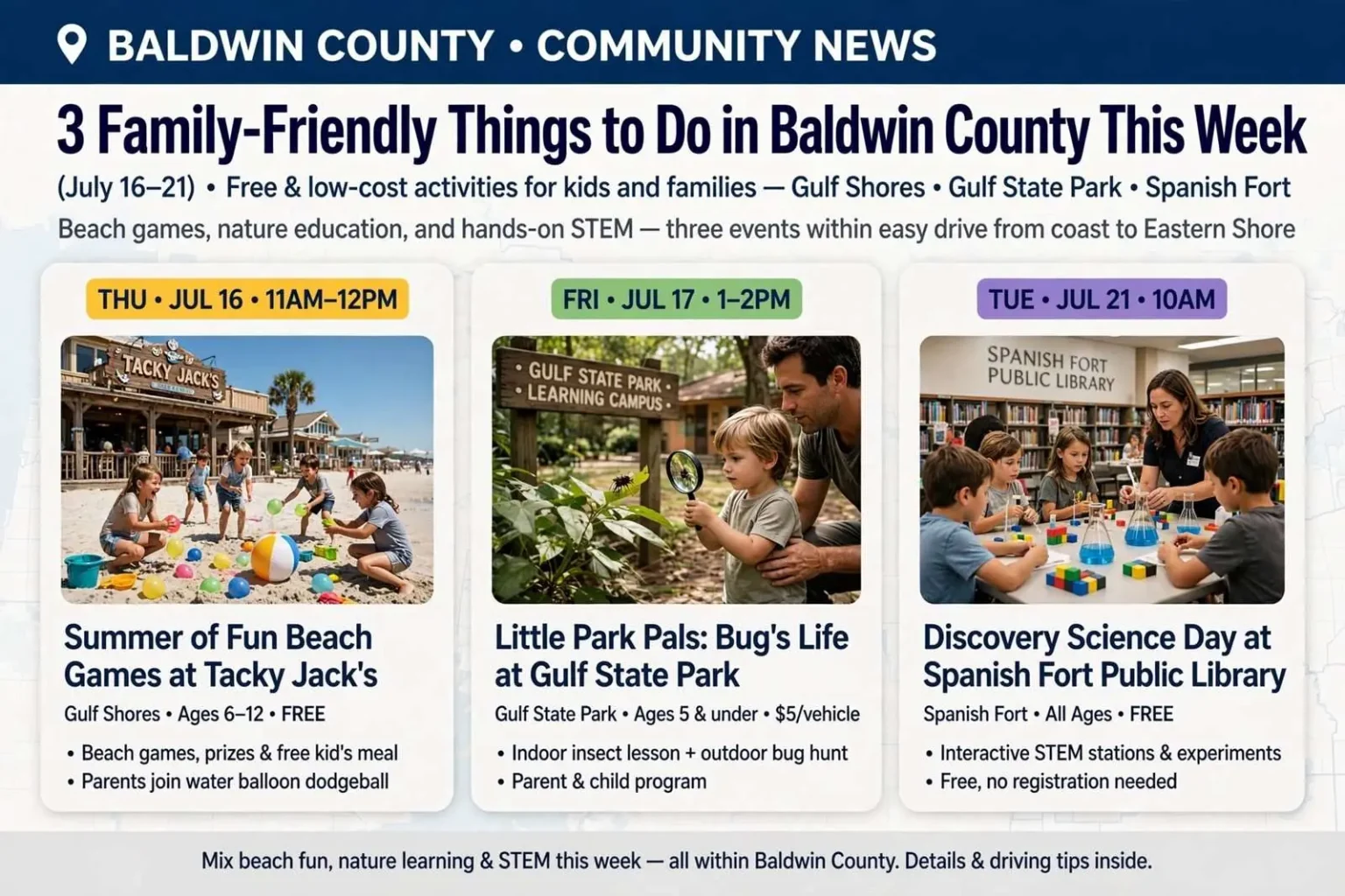 Illustration for the news story: 3 Family-Friendly Things to Do in Baldwin County This Week (July 16-21)