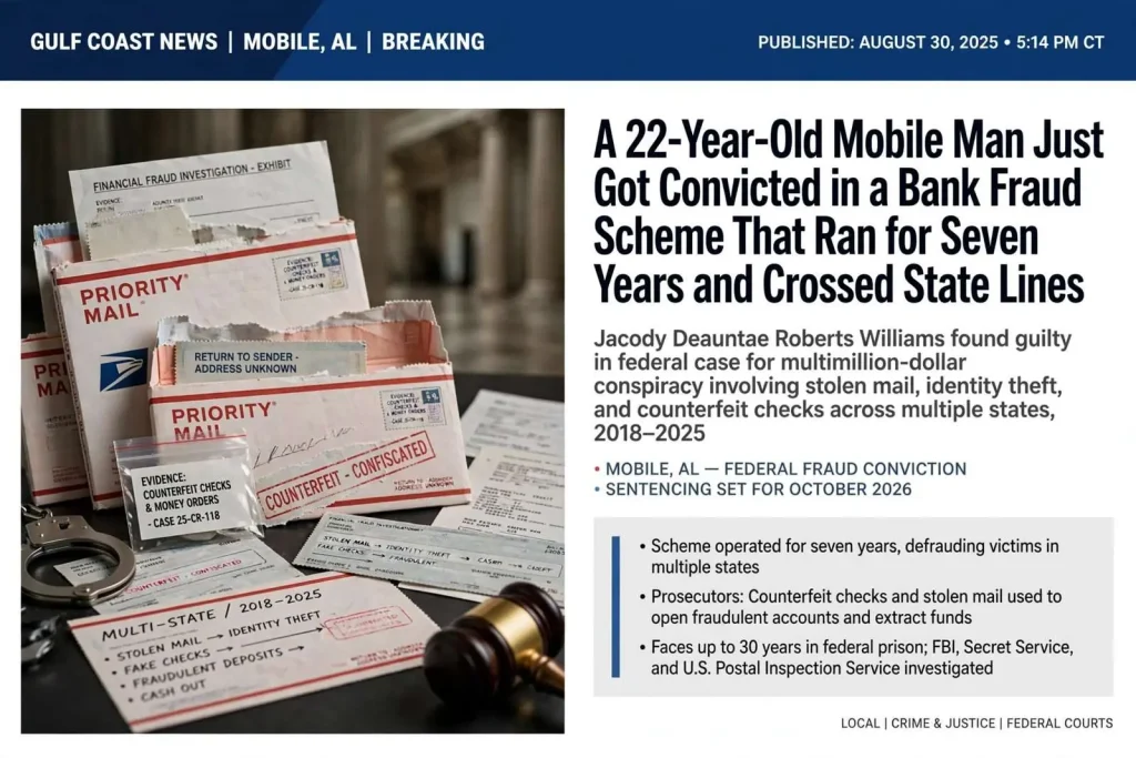 Illustration for the news story: A 22-Year-Old Mobile Man Just Got Convicted in a Bank Fraud Scheme That Ran for Seven Years and Crossed State Lines